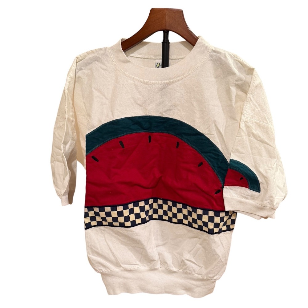Vtg 80s Quitman Watermelon Graphic‎ Top embroidered White Cotton USA Made sz S